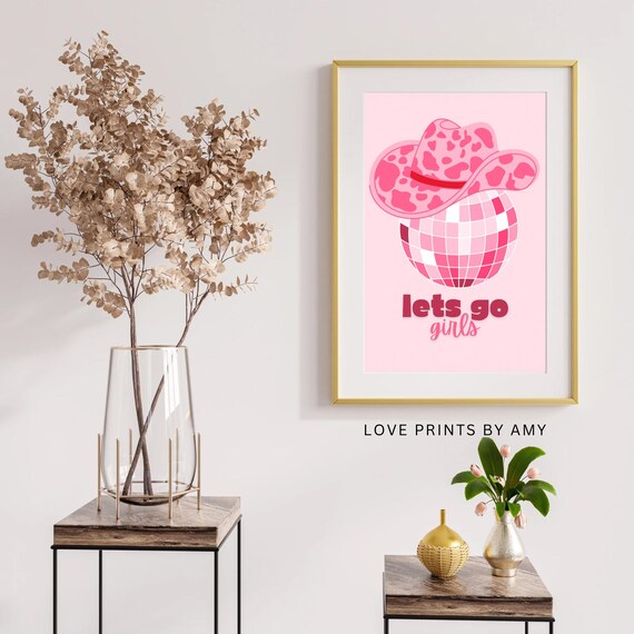 Lets Go Girls Pink Disco Cowgirl Hat Western Bachelorette Poster