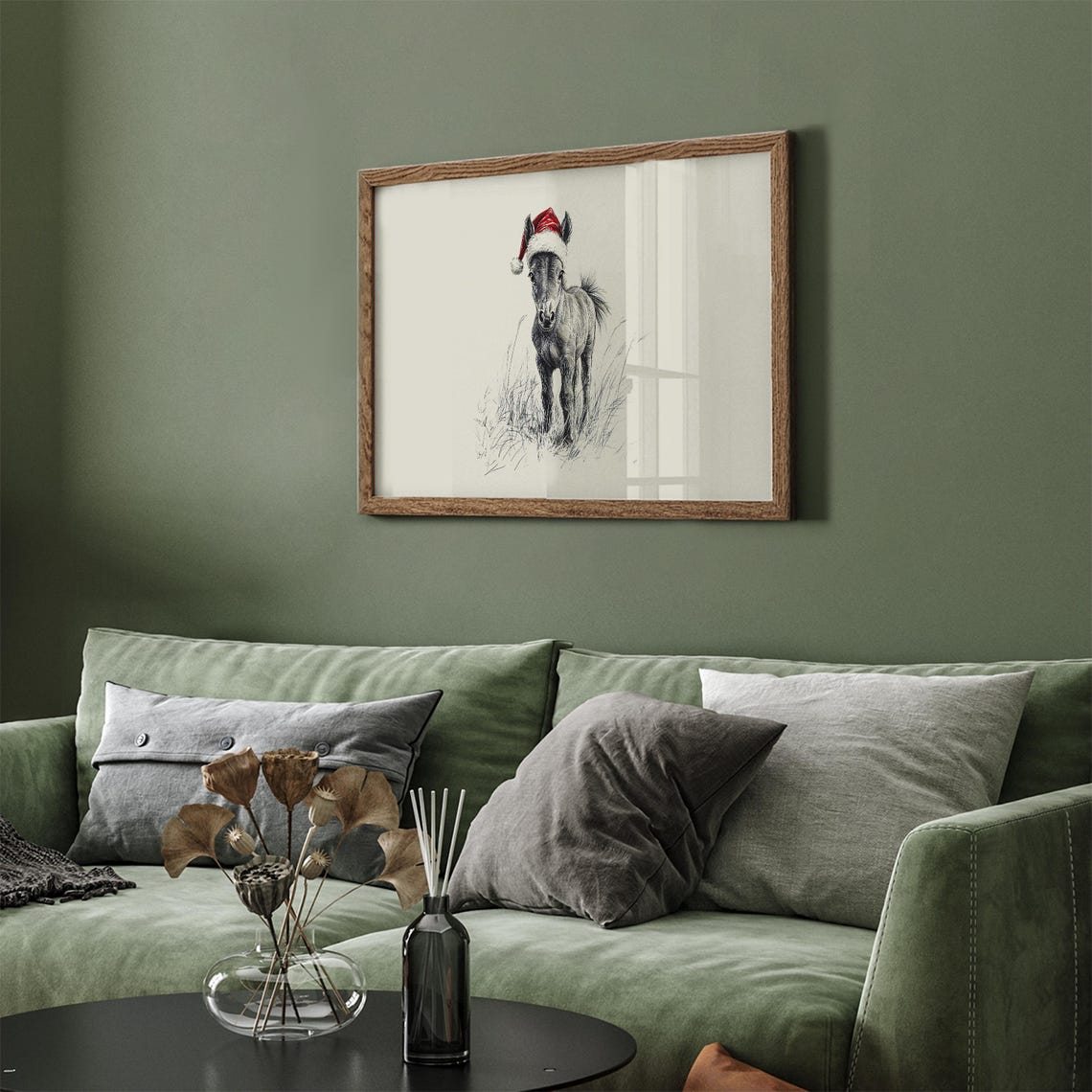 Sweet Foal Wearing Red Santa Hat Minimalist Sketch Christmas Wall Art - Image 5