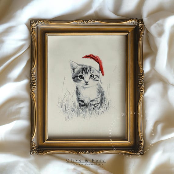 Cute Kitten With Santa Hat Sketch Print Neutral Christmas Nursery Wall Decor Vintage Winter Wall Art Cat Drawing Prints