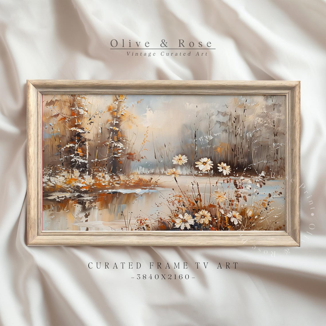 Winter Lakeside Wildflowers Daisy Meadow Golden Frame TV Art Poster