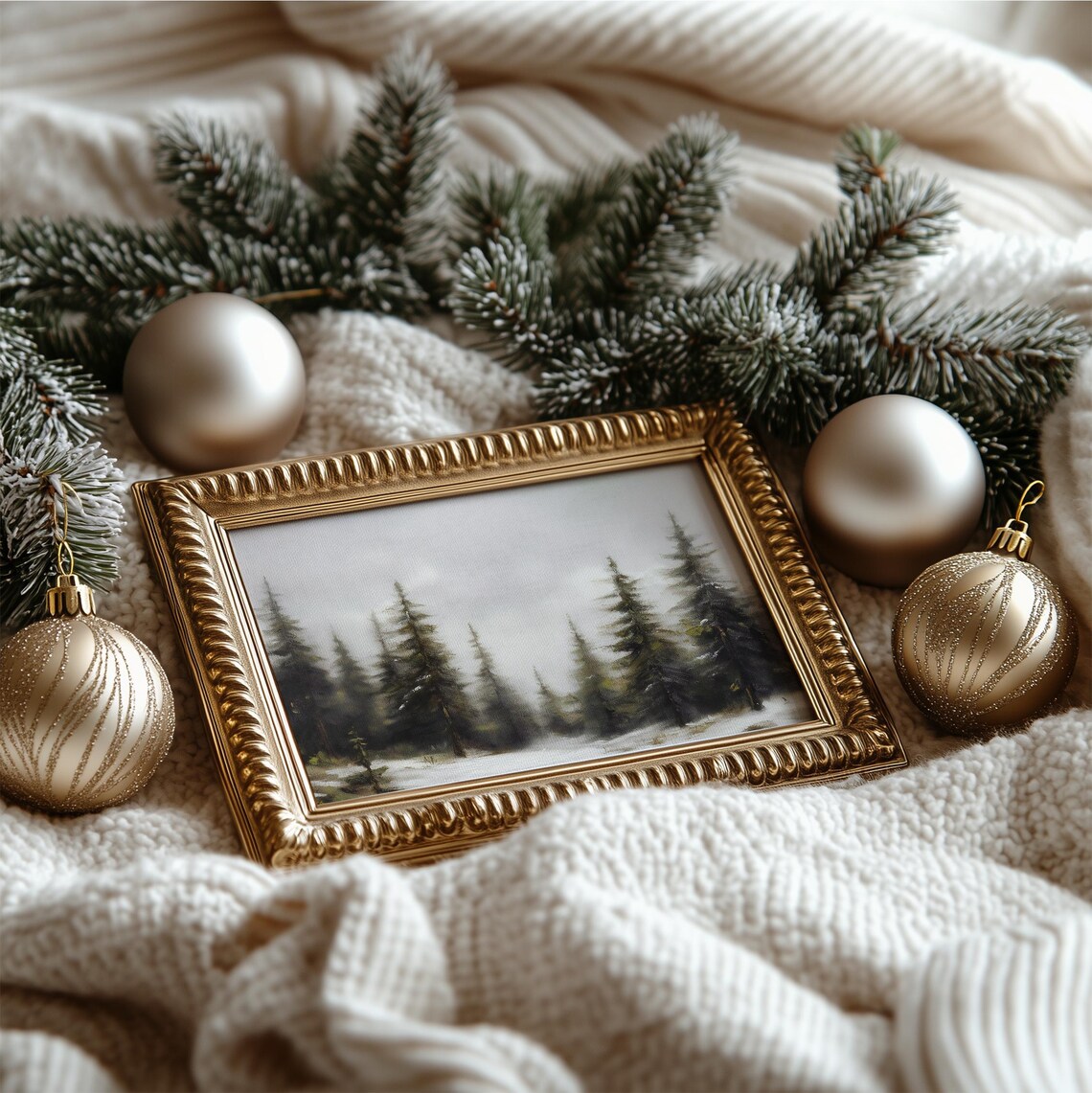 Misty Snowy Pine Forest Vintage Winter Landscape Oil Painting Poster - Image 4