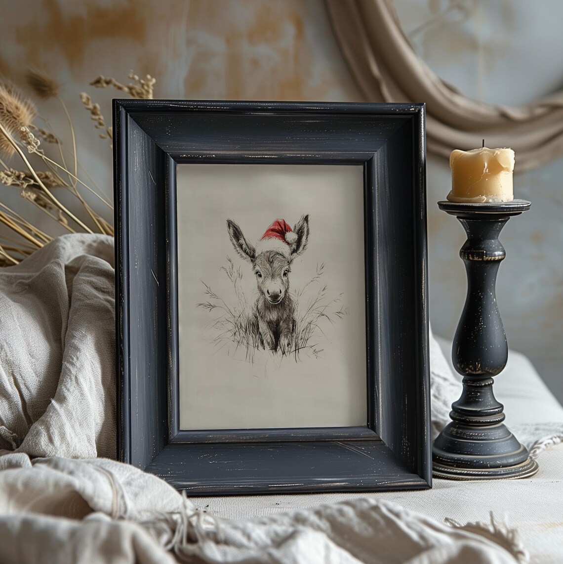 Cute Baby Donkey Santa Hat Sketch Vintage Nursery Christmas Art Poster - Image 2