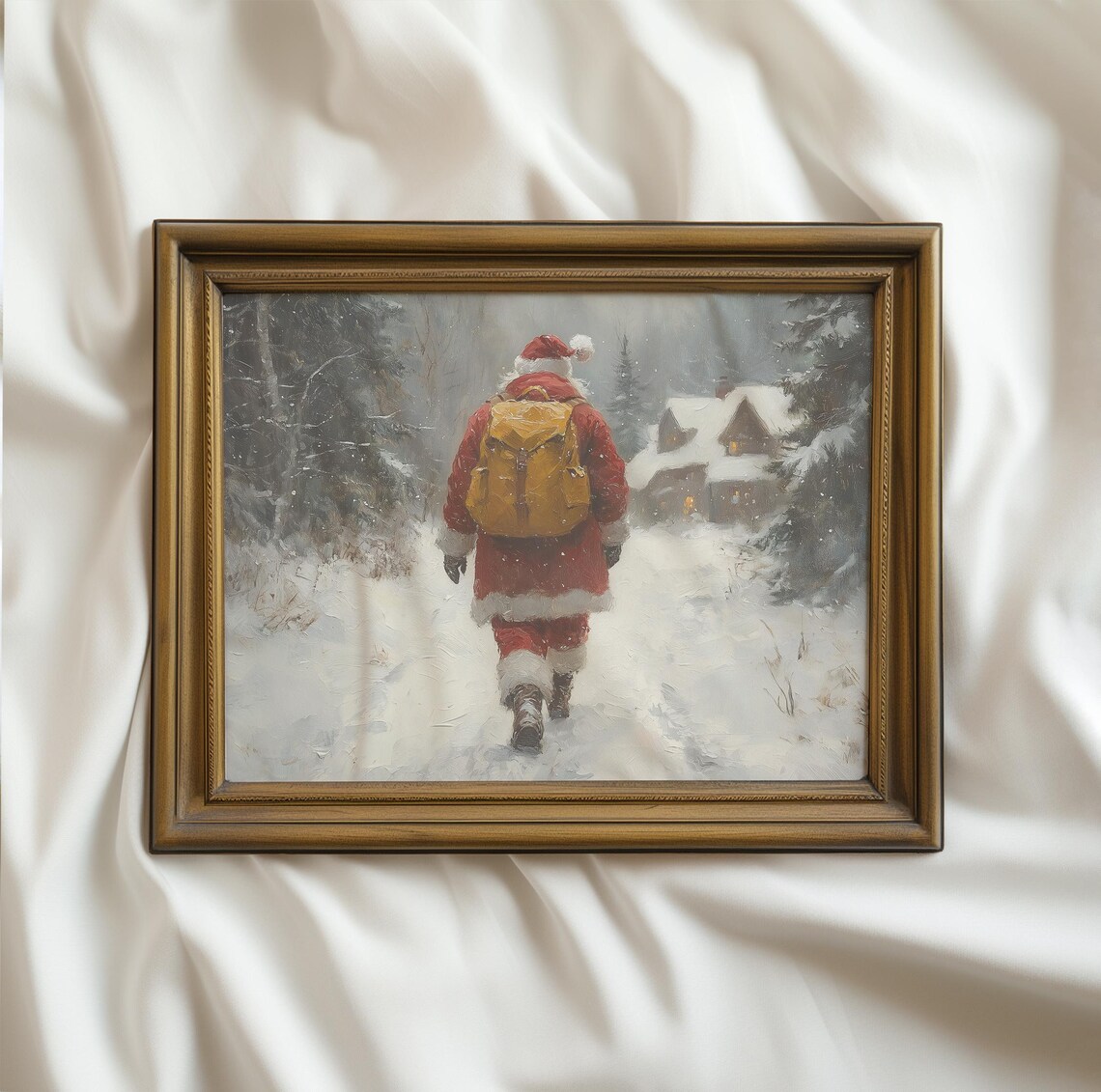 Vintage Santa Snowy Forest Walk Cabin Landscape Christmas Oil Poster - Image 3