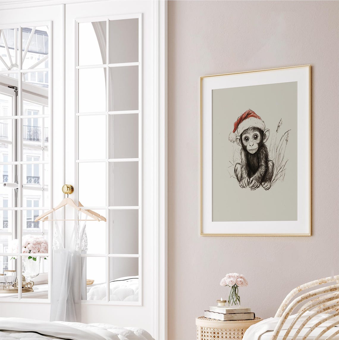 Cute Baby Monkey With Santa Hat Sketch Vintage Winter Wall Art Monkey Drawing Prints - Image 2