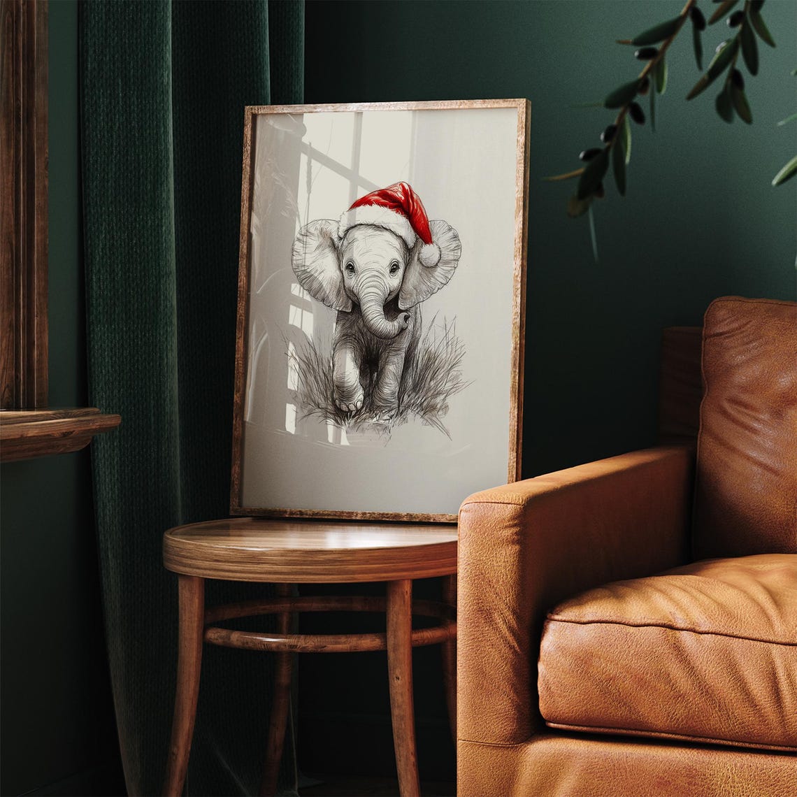 Cute Baby Elephant In Santa Hat Vintage Sketch Christmas Nursery Print - Image 2