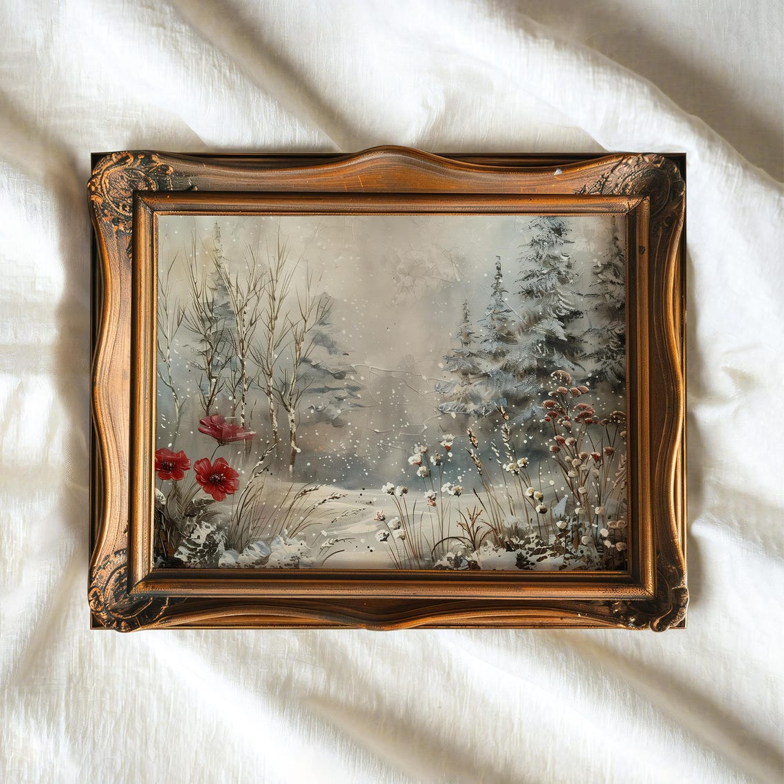 Snowy Winter Forest Red Poppies Falling Snow Rustic Christmas Wall Art - Image 3