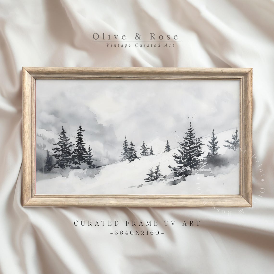 Monochrome Misty Pine Forest Snowy Hillside Watercolor TV Art Poster