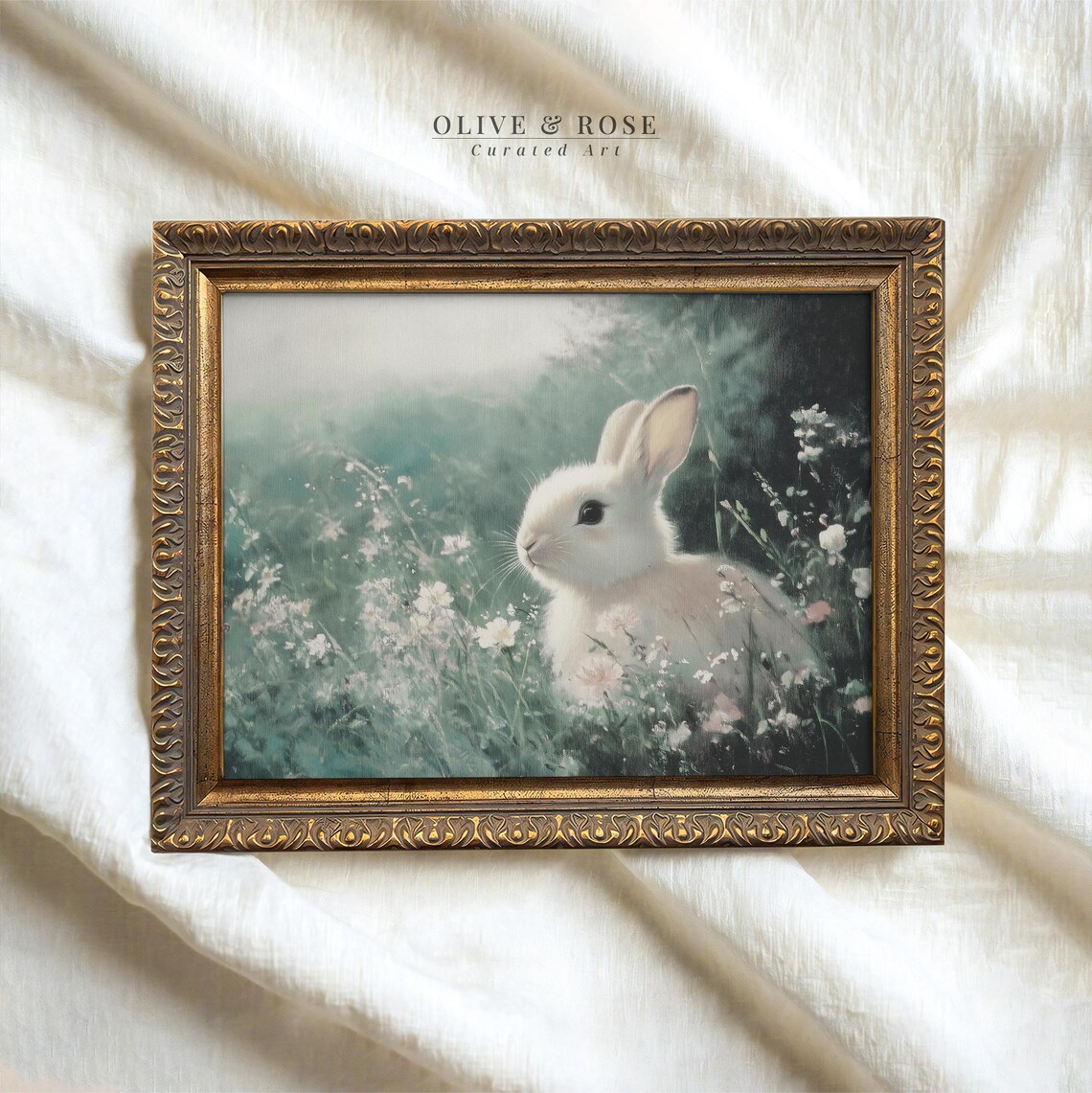 White Bunny in Sage Meadow Wildflowers Dreamy Vintage Nursery Wall Art