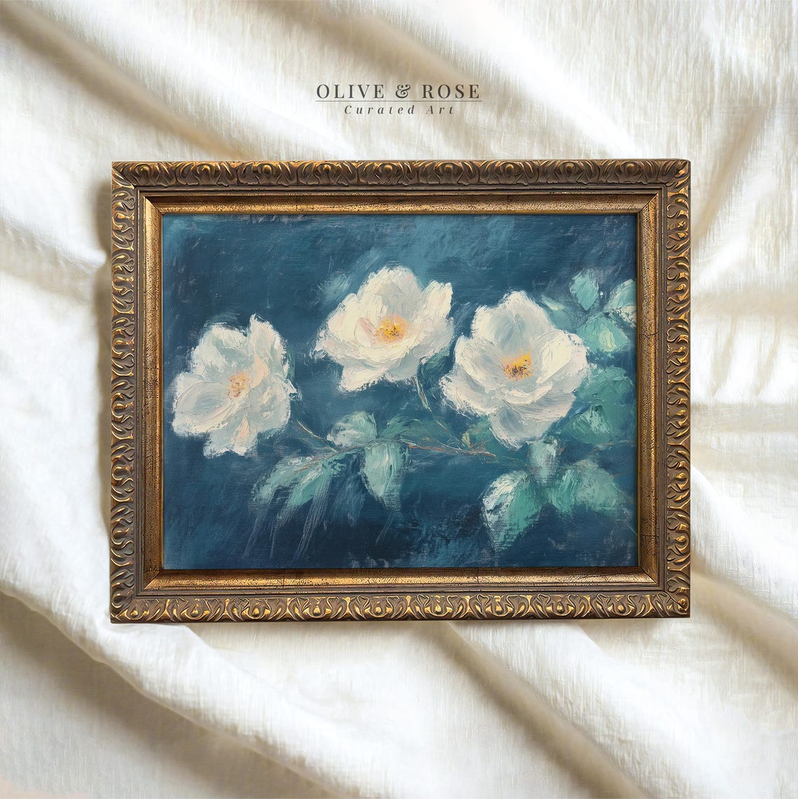 White Rose Blooms Deep Teal Background Vintage Botanical Oil Art Print