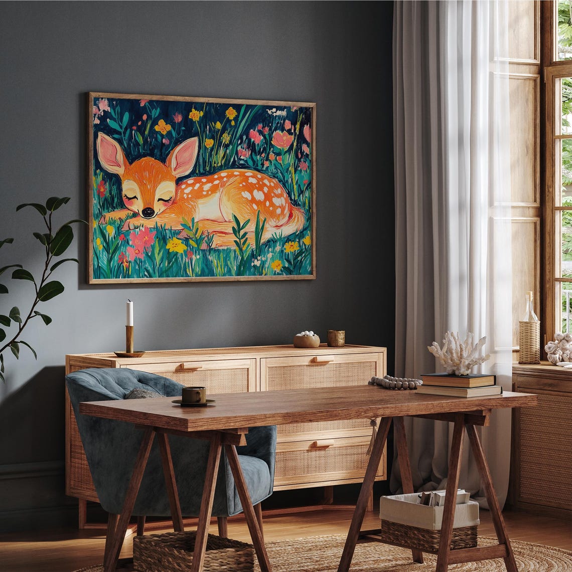 Sleeping Fawn in Wildflower Meadow Vibrant Woodland Nursery Wall Art - Image 2