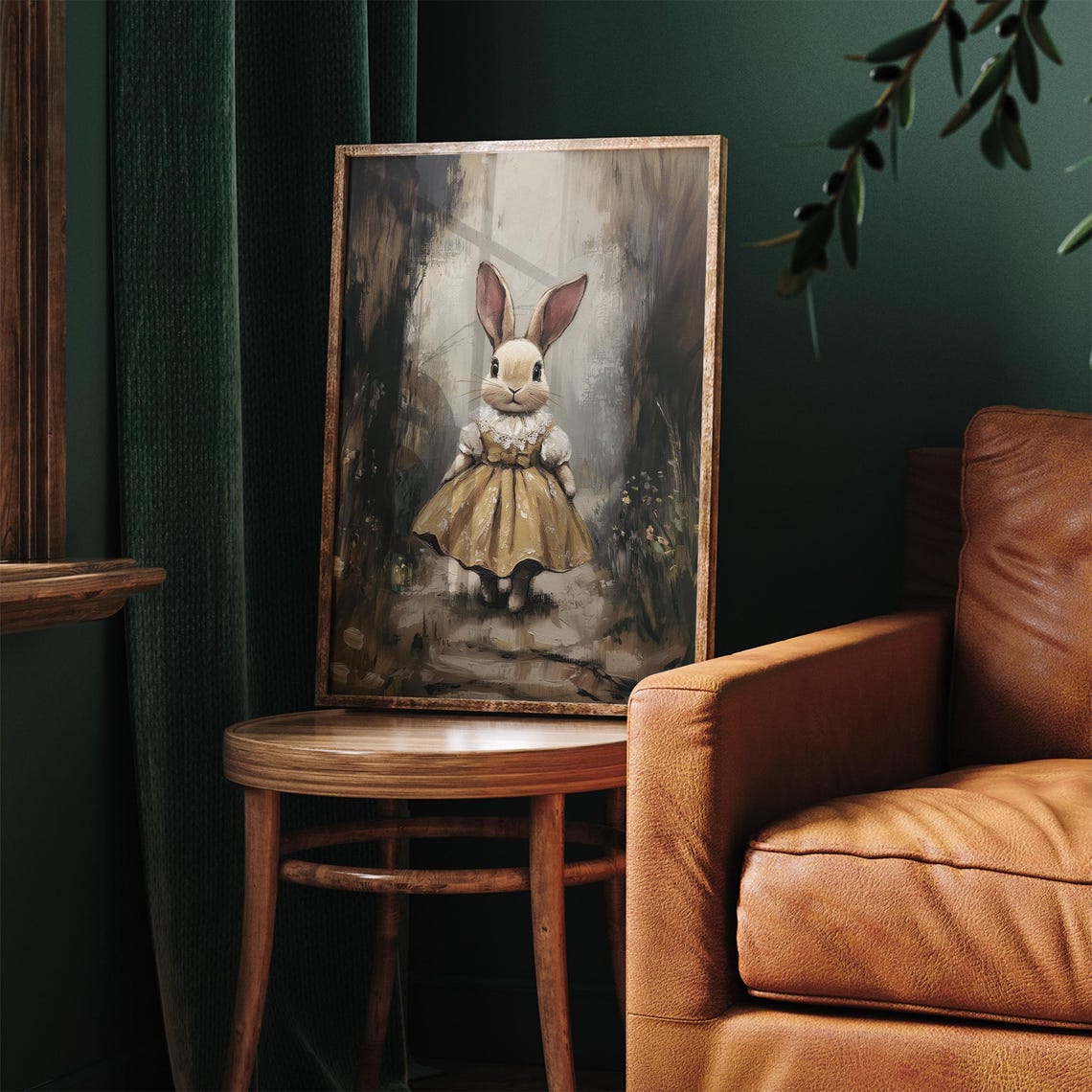 Bunny in Mustard Yellow Dress Forest Vintage Woodland Nursery Wall Art - Image 3