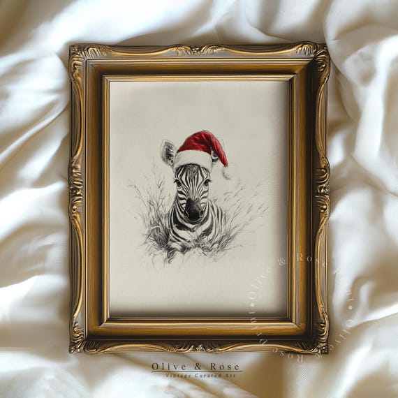 Cute Baby Zebra With Santa Hat Sketch Neutral Christmas Nursery Wall Decor Vintage Winter Wall Art Zebra Drawing Prints