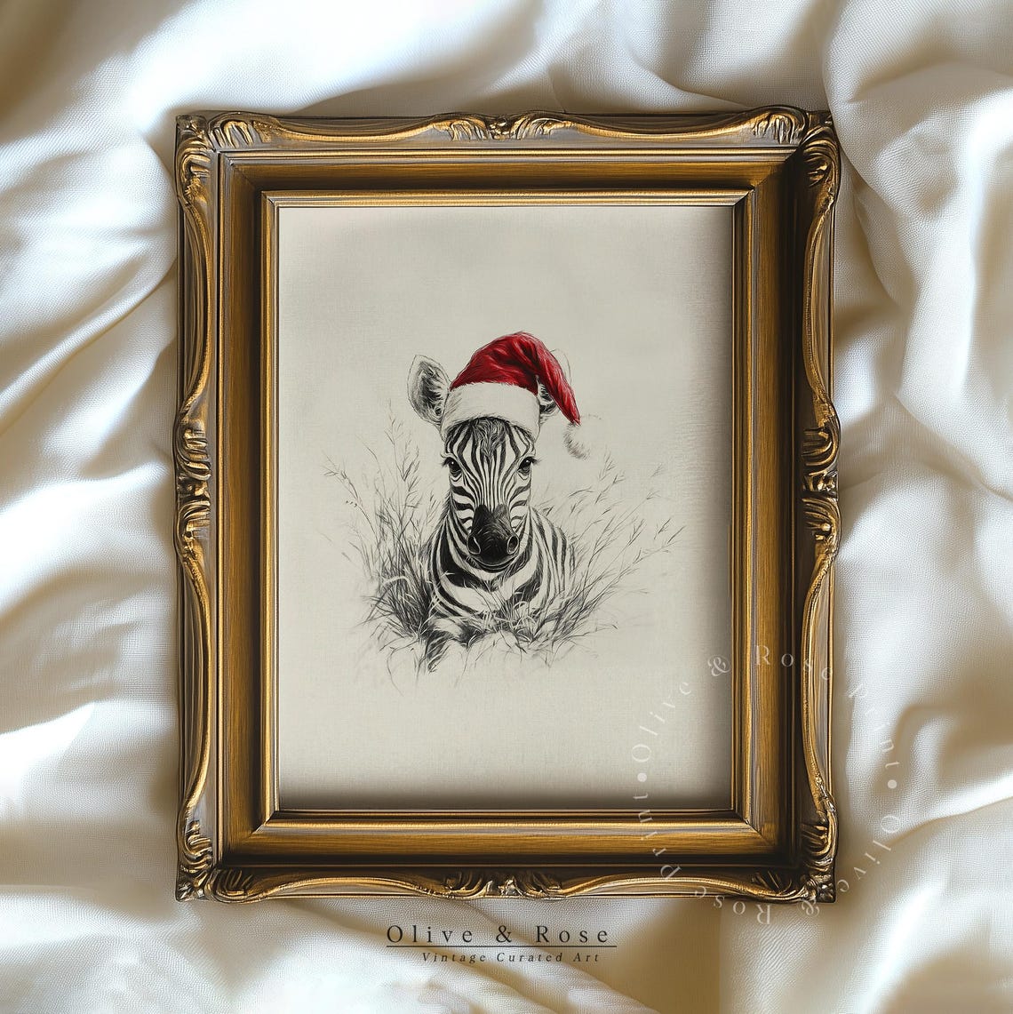 Cute Baby Zebra With Santa Hat Sketch Neutral Christmas Nursery Wall Decor Vintage Winter Wall Art Zebra Drawing Prints