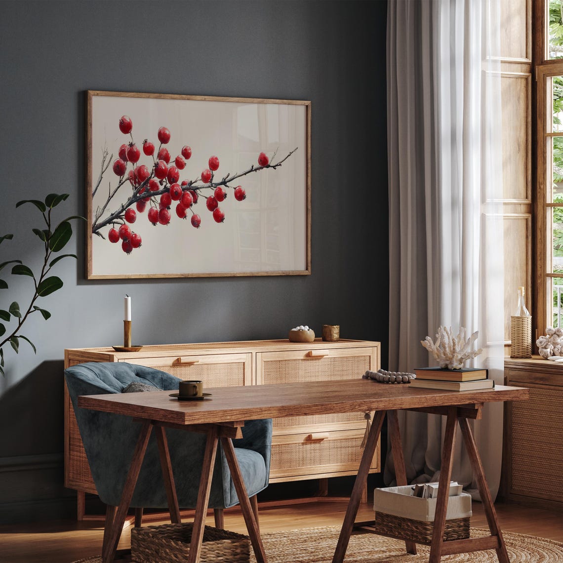 Winter Red Berry Branch Minimalist Watercolor Neutral Holiday Poster - Image 3