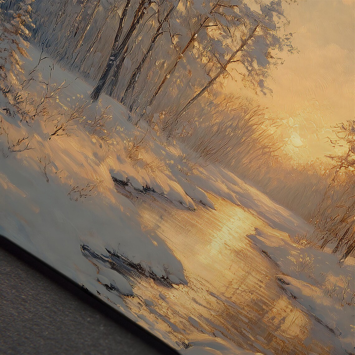 Golden Sunrise Frozen River Snowy Pine Forest Winter Landscape Poster - Image 5