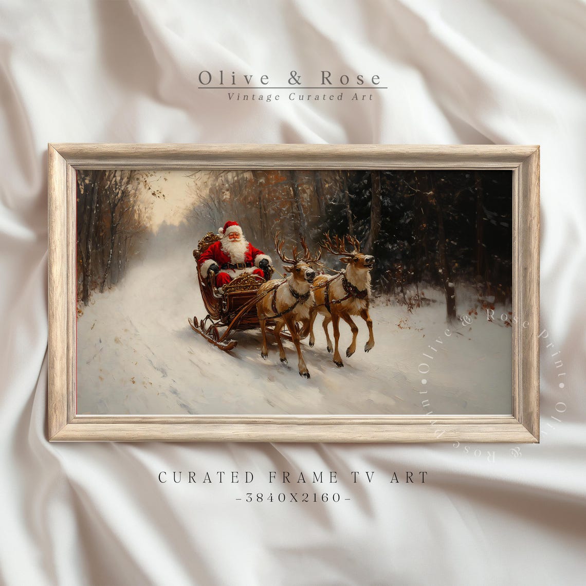 Vintage Christmas Santa Claus Frame Tv Art Santa Riding Sleigh Oil Painting Frame Tv Xmas Wall Decor Holiday Festive Screensaver