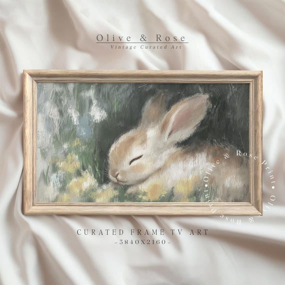 Vintage Easter Bunny In Wild Flower Meadow Frame Tv Art Cute Sleepy Rabbit Painting Tv Art Pastel Spring Decor Holiday Screensaver