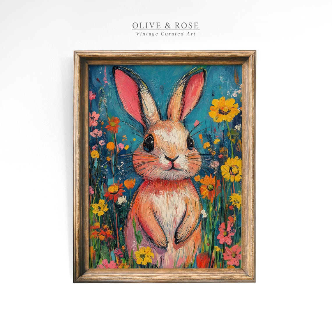 Colorful Easter Bunny Wildflower Meadow Print Cute Vibrant Rabbit Painting Wall Art Spring Kids Room Decor - Image 4