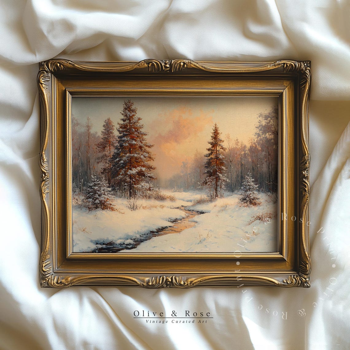 Vintage Winter Pine Forest Sunset Stream Snowy Landscape Oil Poster