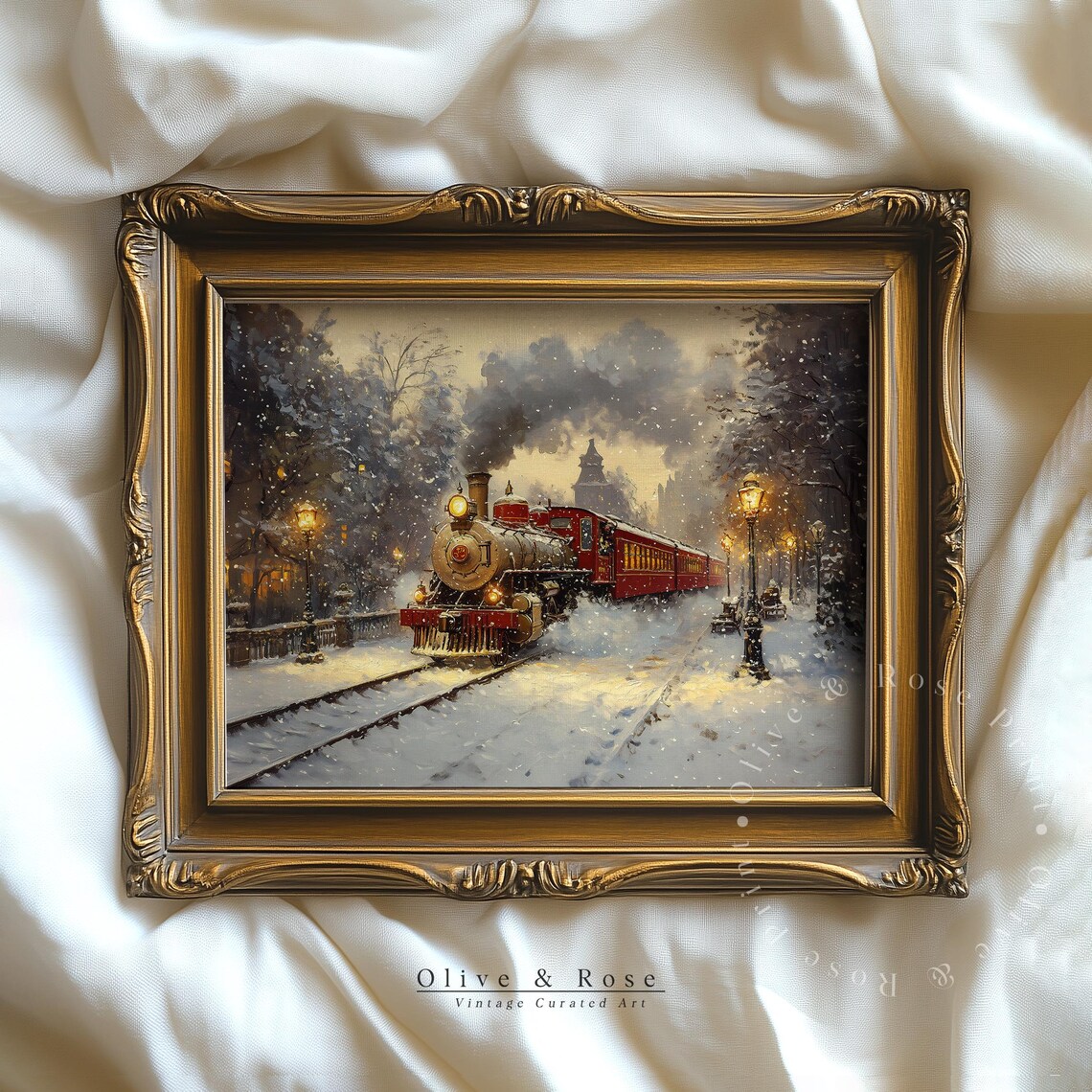 Vintage Christmas Express Steam Train Snowy Station Night Scene Poster