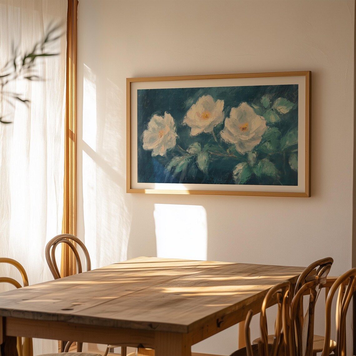 White Roses Golden Centers Teal Background Moody Vintage Oil Print - Image 5
