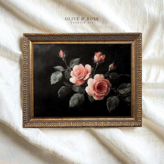 Vintage Pink Roses Valentines Day Print Moody Flowers Painting Wall Art Dark Love Floral Prints Elegant Botanical Decor