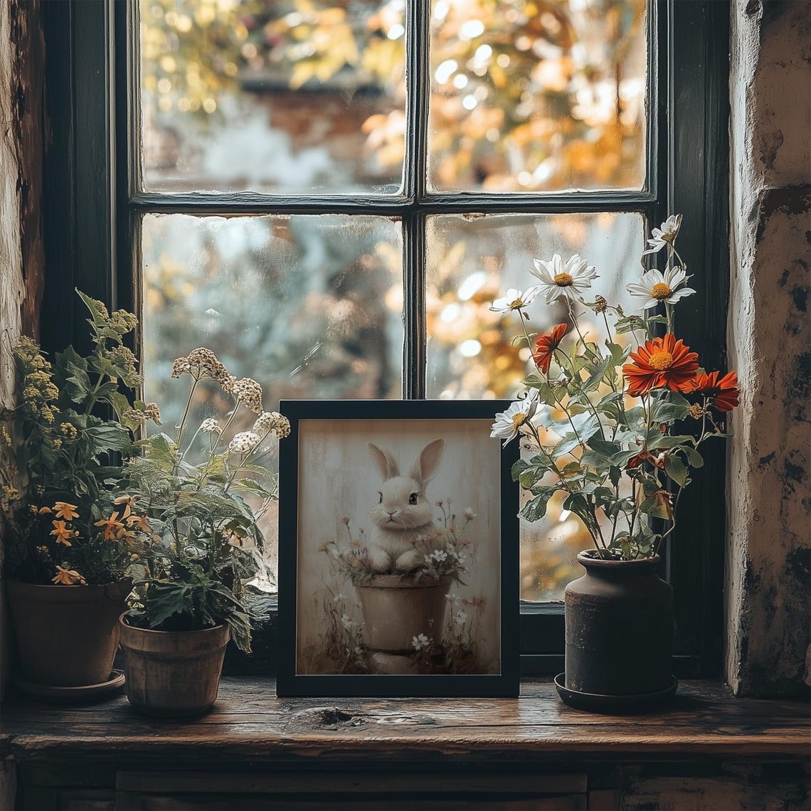 Neutral Bunny in Flower Pot Muted Beige Spring Botanical Wall Art - Image 2
