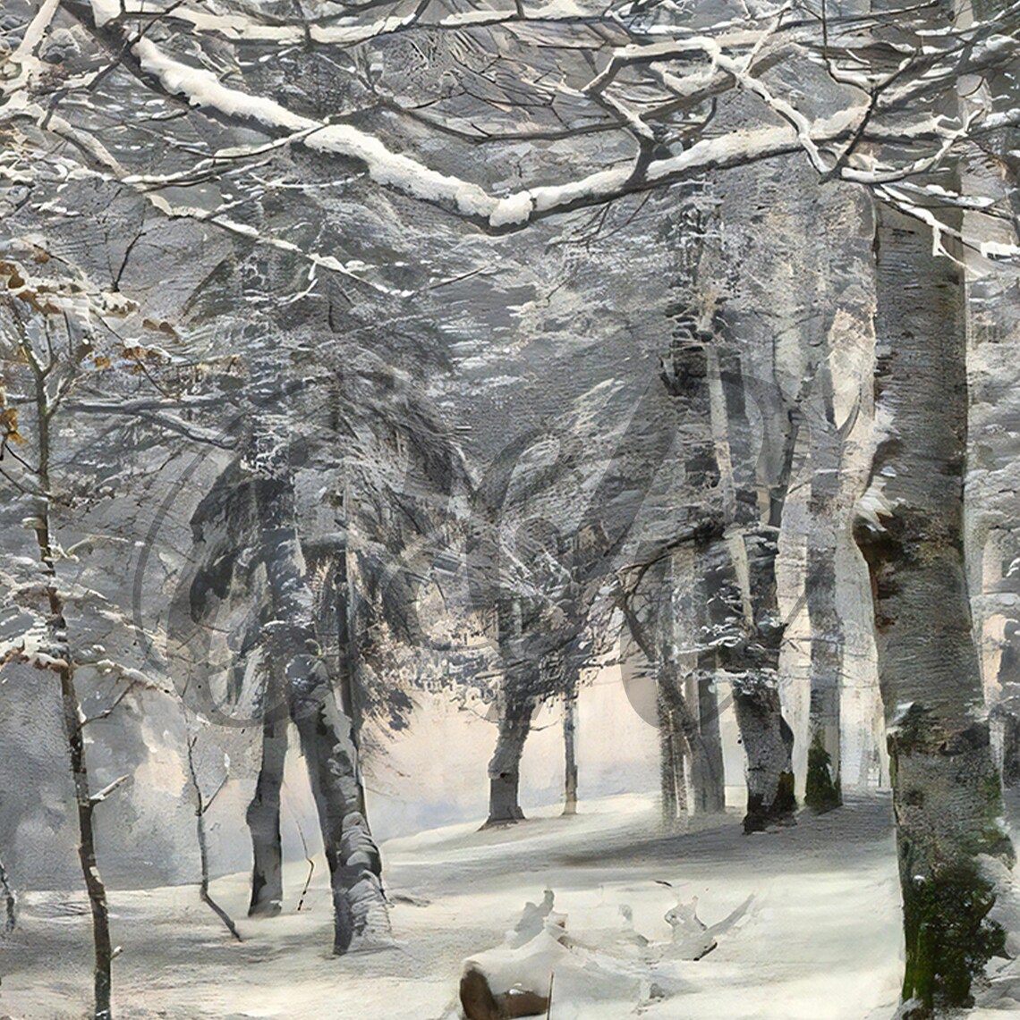 Vintage Snowy Forest Path Stream Winter Walk Landscape Painting Poster - Image 5