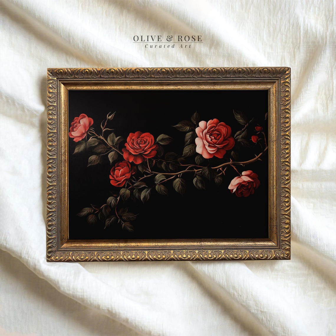 Classic Red Roses Thorny Vine Black Vintage Romantic Floral Art Poster