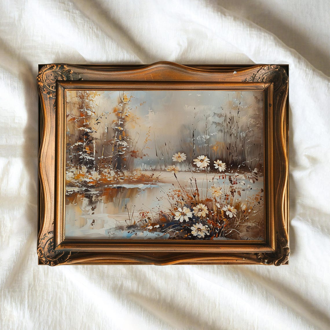 Winter Lakeside Wildflowers Daisy Meadow Golden Reflection Art Poster - Image 2