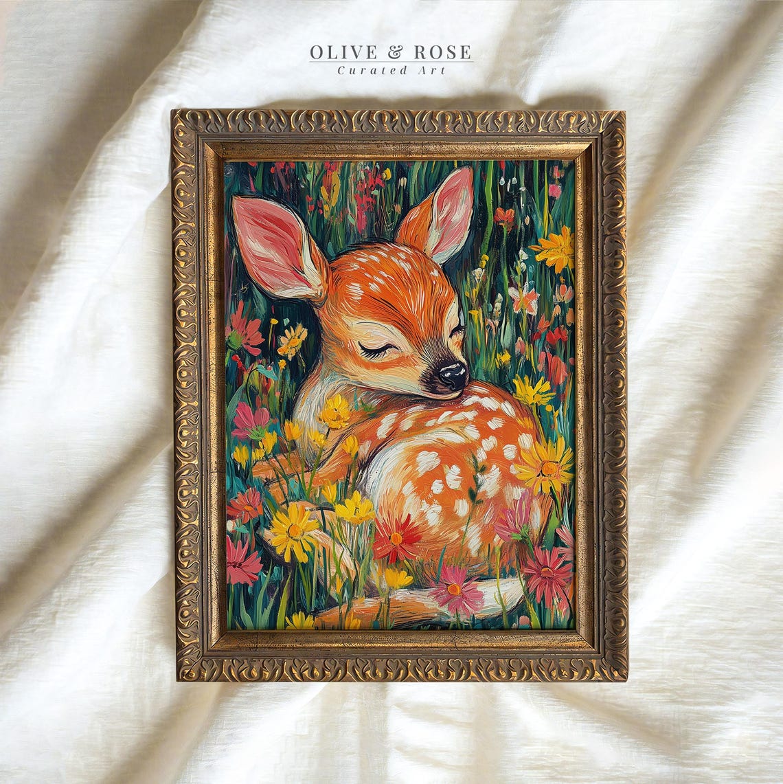 Sleeping Fawn Curled in Wildflower Meadow Vibrant Nursery Wall Art