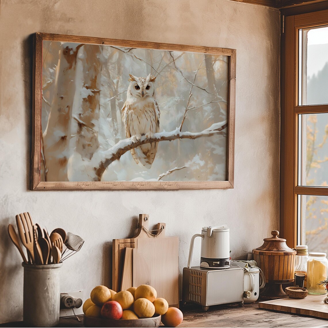 White Owl Perched On Snowy Branch Winter Forest Vintage Oil Painting Poster - Image 4