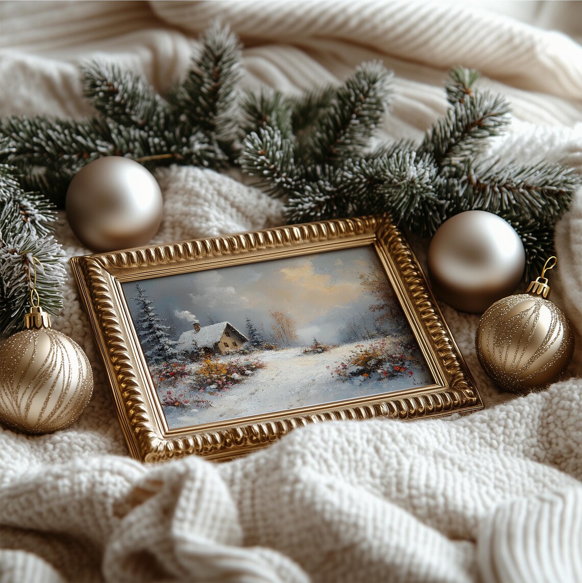 Vintage Snowy Cottage Wildflower Meadow Winter Landscape Art Poster - Image 4