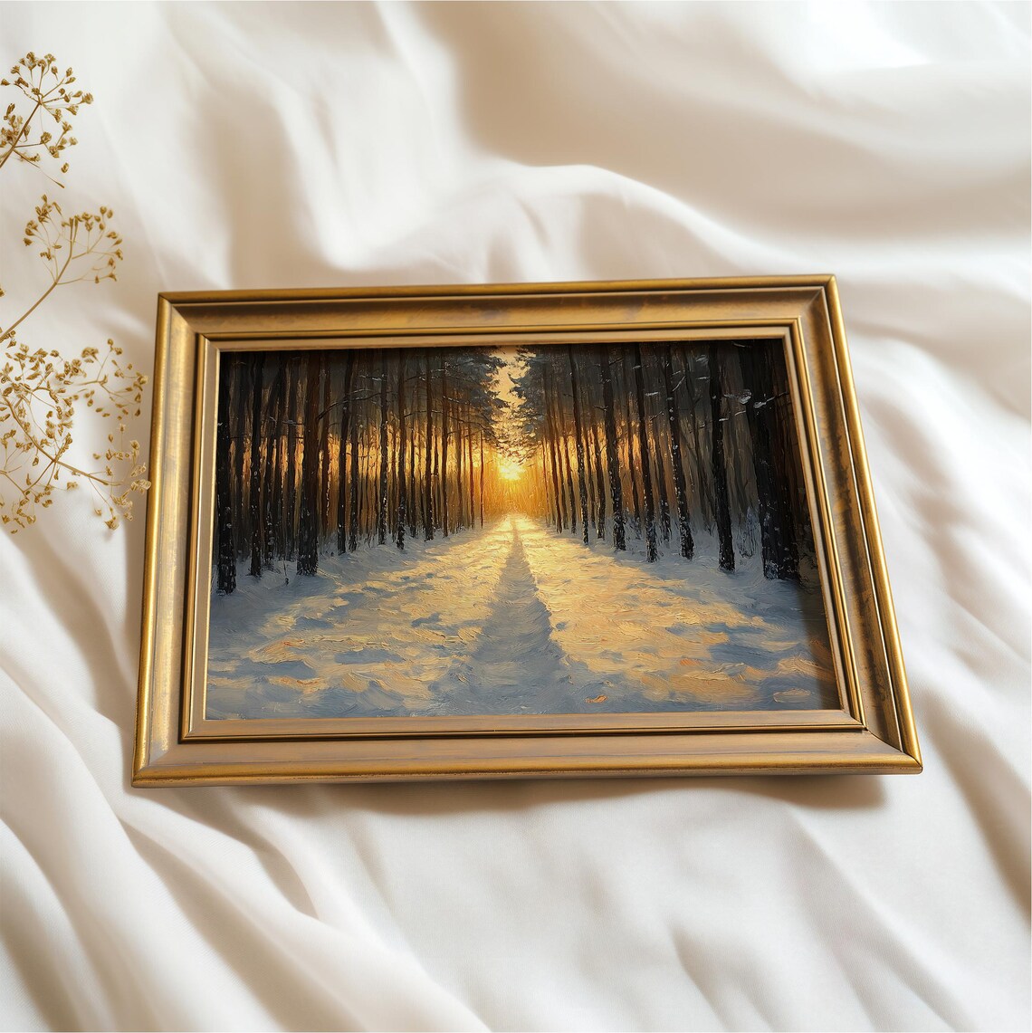 Winter Forest Avenue Golden Sunset Snowy Path Moody Oil Painting Poster - Image 3