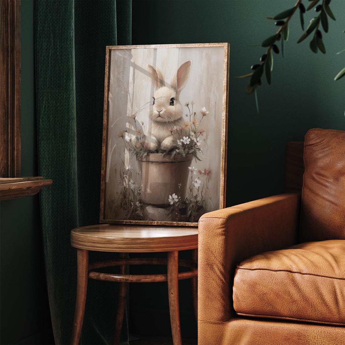 Neutral Bunny in Flower Pot Muted Beige Spring Botanical Wall Art - Image 3