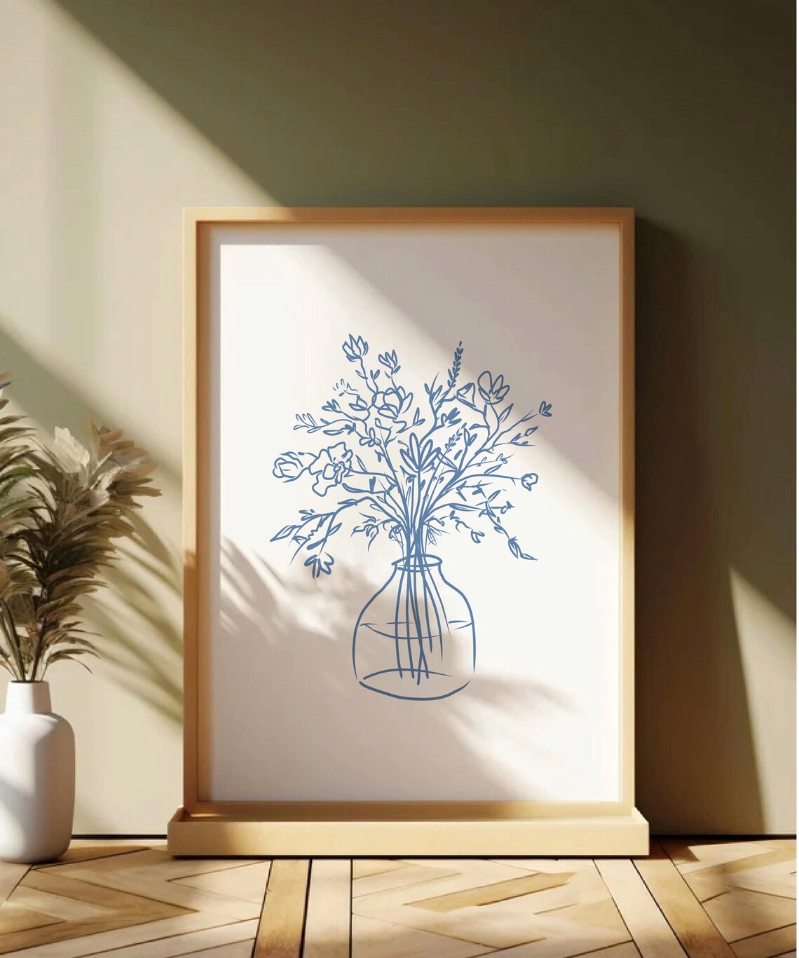 Blue Line Art Wildflower Bouquet Vase Minimalist Botanical Poster