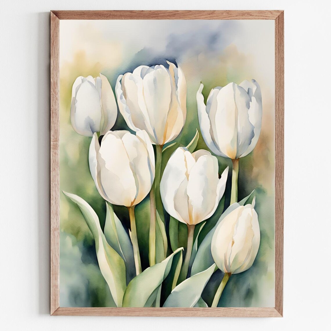 White Tulips Watercolor Flower Painting Botanical Art Poster