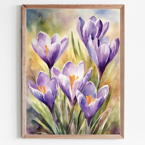 Purple Crocus Watercolor Floral Art Print Spring Flower Garden Wall Decor