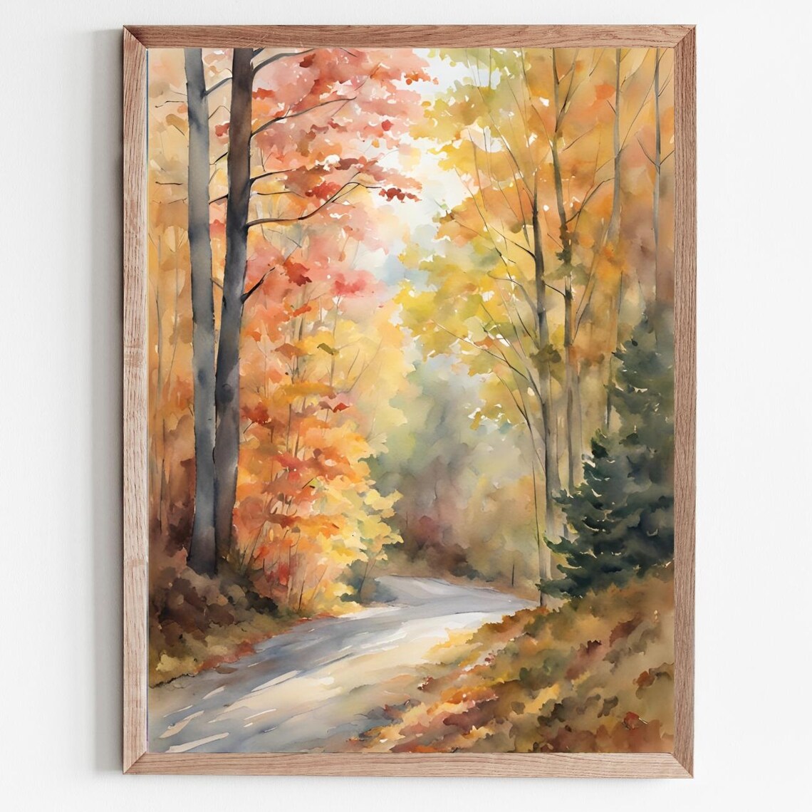 Fall Forest Road Art Print, Autumn Watercolor Landscape