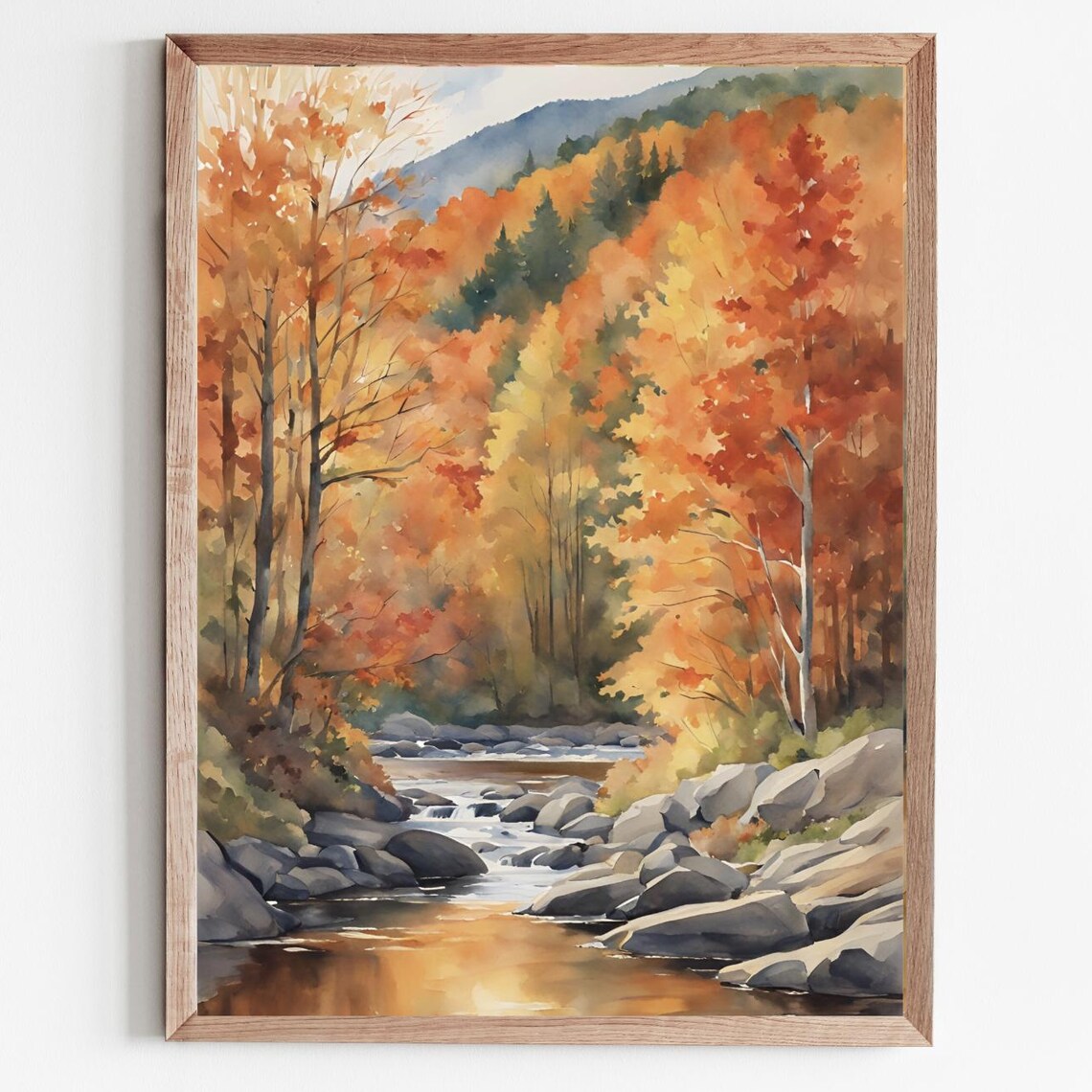 Fall Forest River Watercolor Art Print, Autumn Landscape