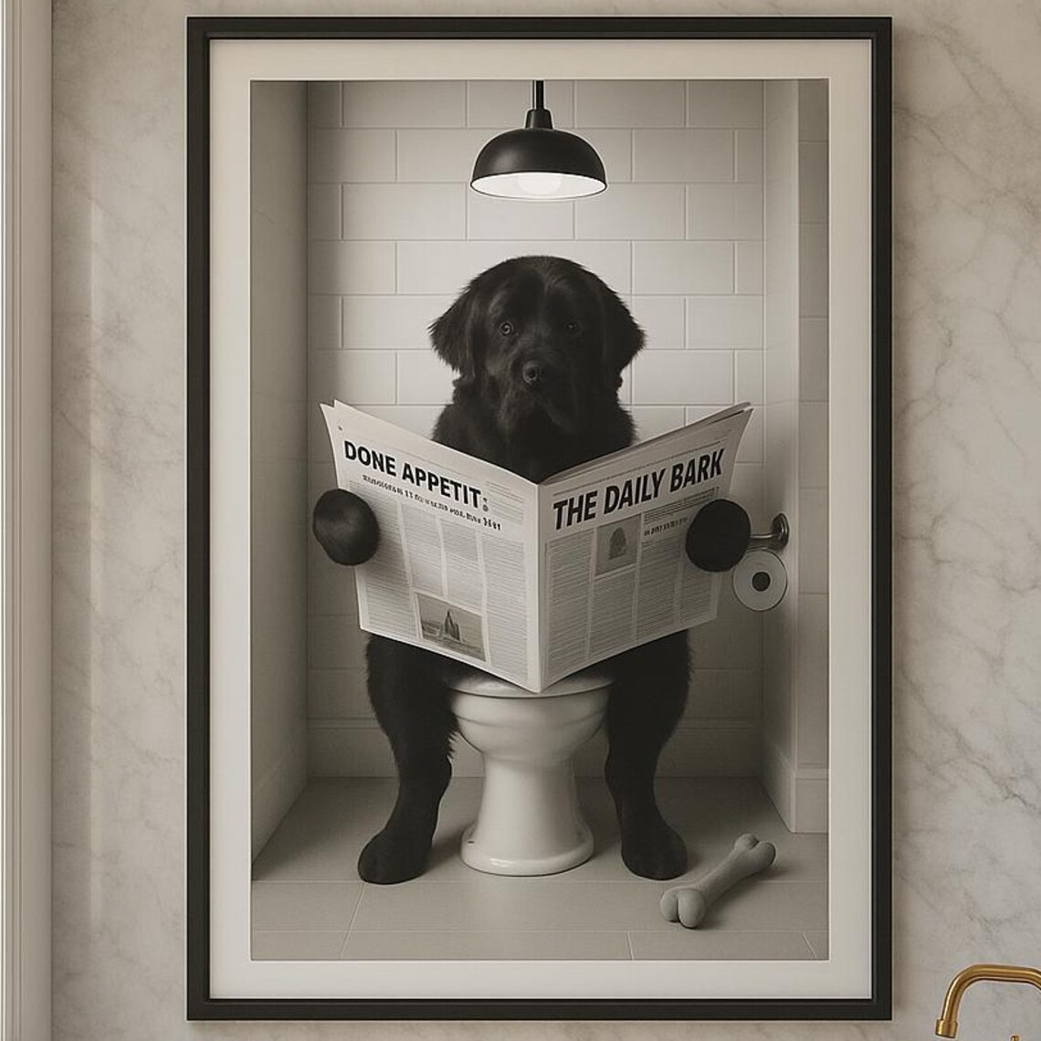 Newfoundland Dog On Toilet Reading Newspaper Funny Bathroom Humor Dog Print