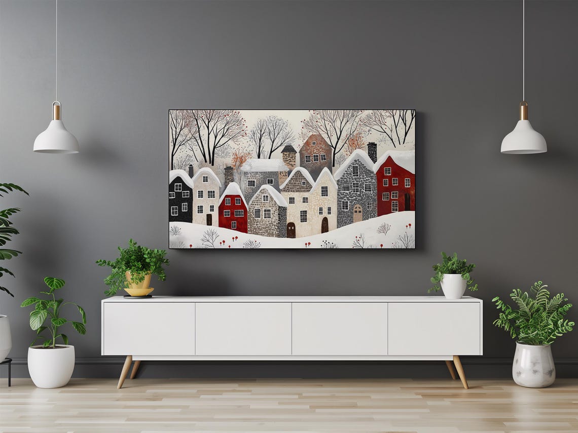 Minimalist Snowy Village Houses In Red Black And Cream Winter Poster - Image 3