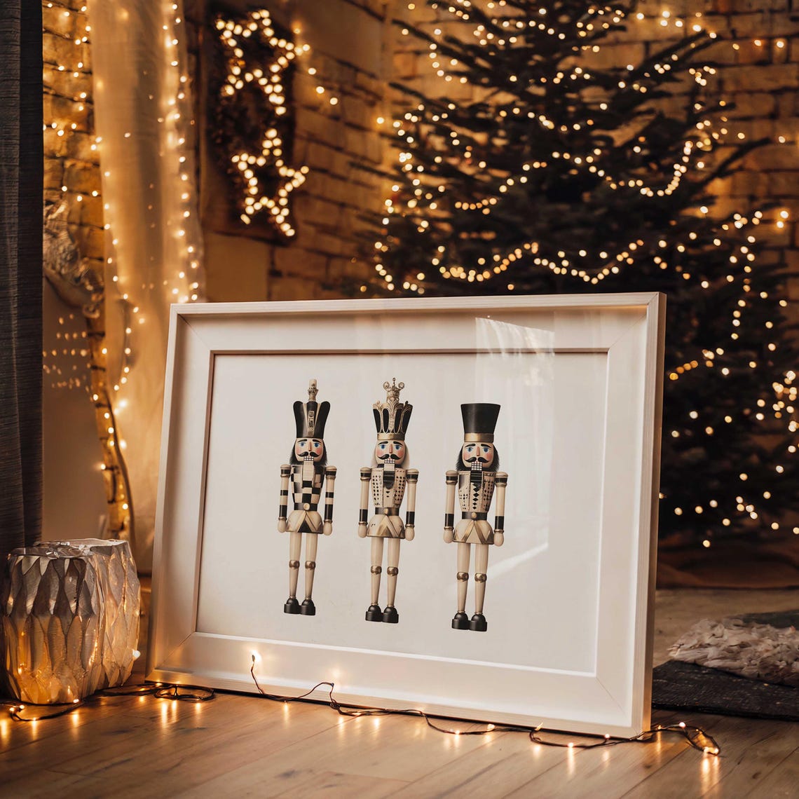 Three Vintage Nutcrackers In Black Gold And Cream Christmas Print - Image 6