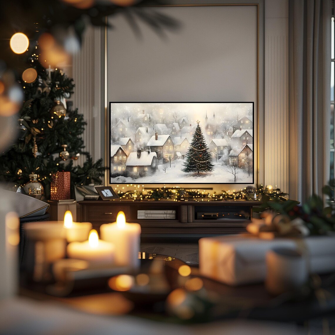 Christmas Tree Frame TV Art, Snowy Winter Village - Image 5