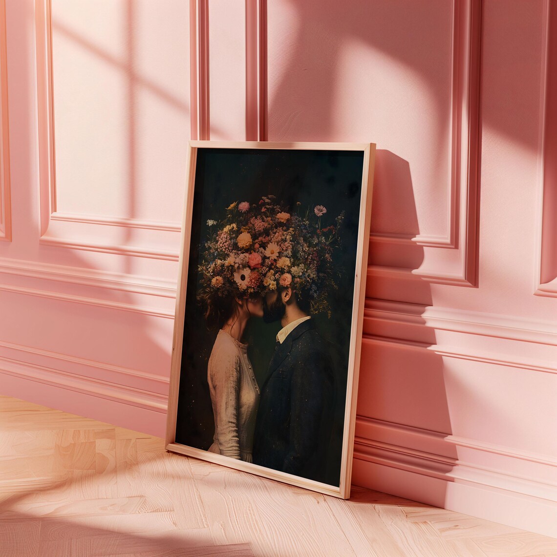 Couple Kiss Behind Wildflower Bouquet Moody Romantic Oil Poster - Image 5