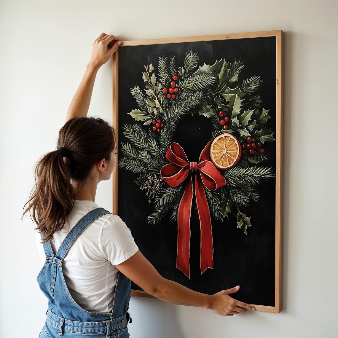 Vintage Christmas Wreath With Red Bow And Dried Orange On Black Poster - Image 5
