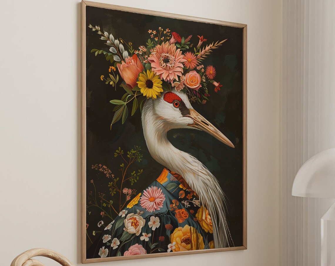 Crane Maximalist Eclectic Animal Portrait Art Print