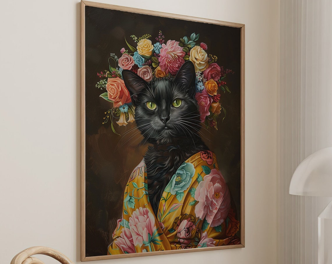 Black Cat with Flower Crown in Yellow Floral Kimono Art Print