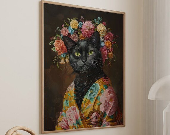 Black Cat with Flower Crown in Yellow Floral Kimono Art Print