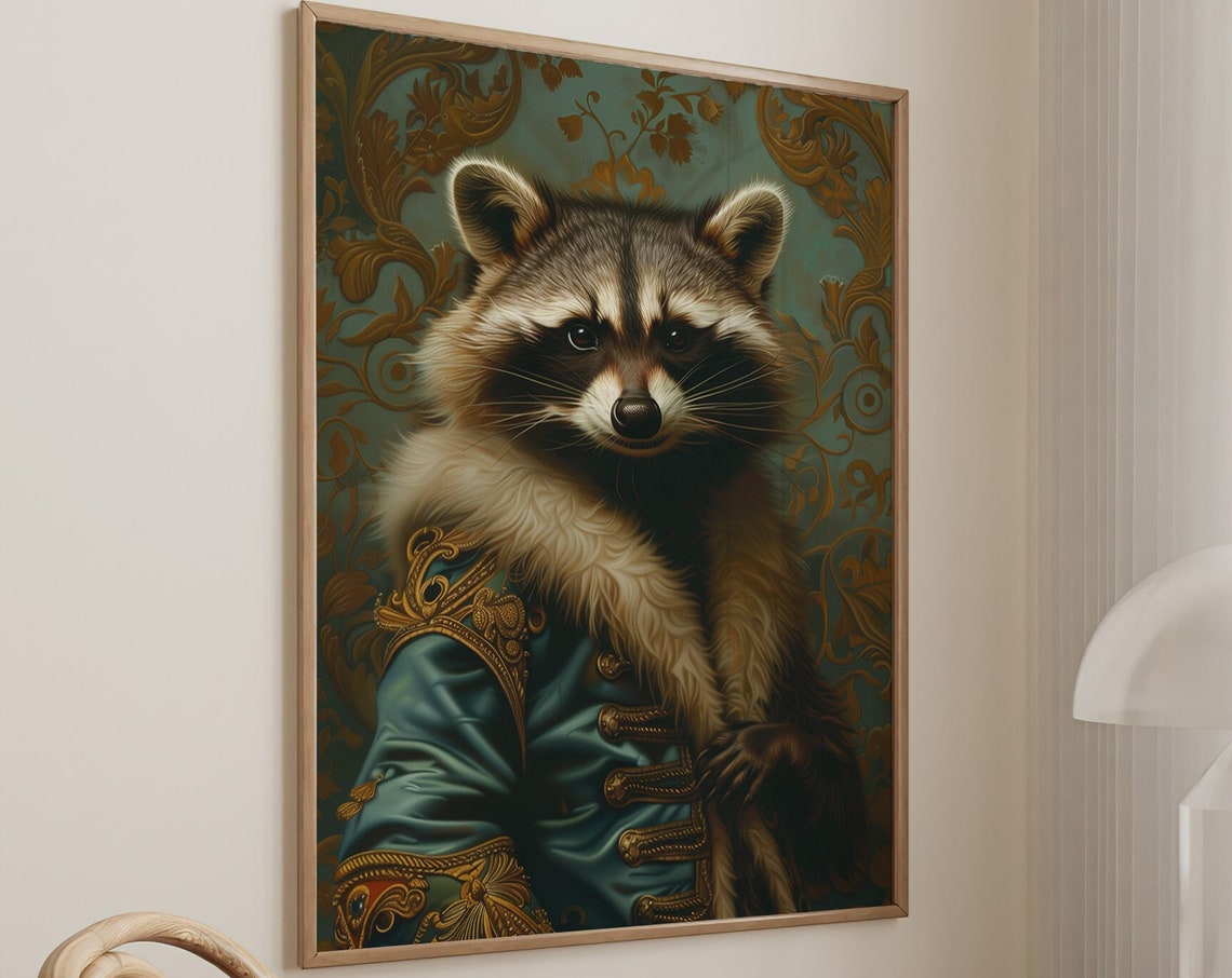 Royal Raccoon Renaissance Portrait Teal Brocade Coat Animal Poster